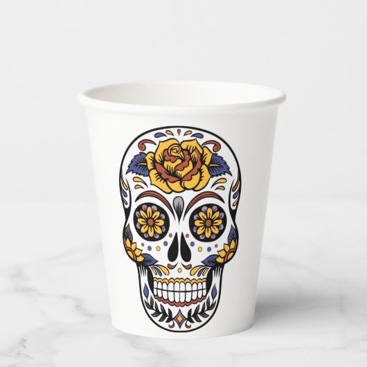 Gobelets En Papier Crâne à sucre rose jaune (Recto)