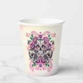 Gobelets En Papier Crâne floral, squelette aquarelle rose, Halloween. (Recto)
