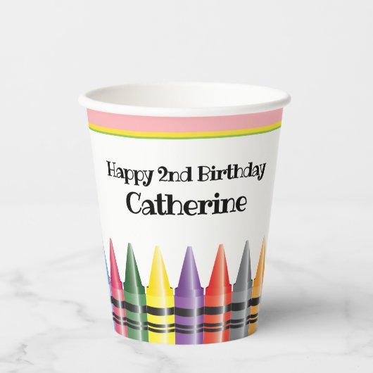 Gobelets En Papier Crayon Happy 2e anniversaire Pink Green Party enfa (Recto)