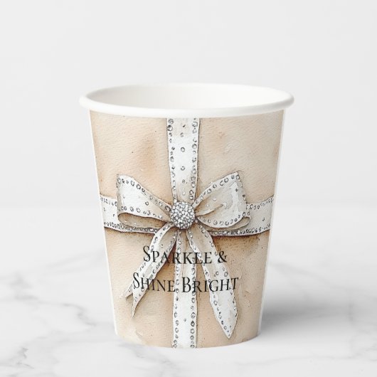 Gobelets En Papier Crème Blanc Argent Glitzy Glam Bow anniversaire (Recto)