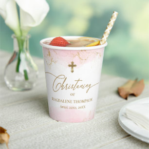 Gobelets En Papier Croix d'or rose Nom fille Christening