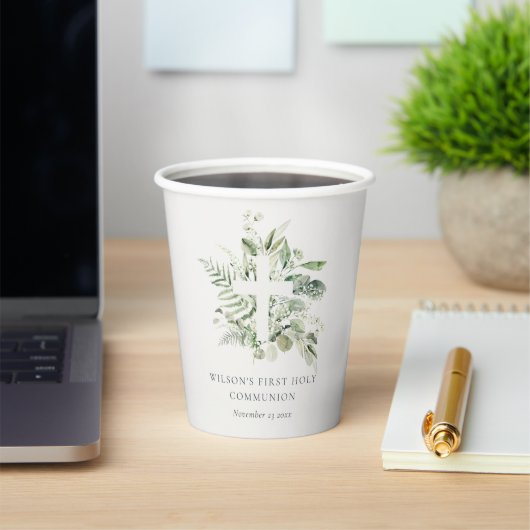 Gobelets En Papier Croix du feuillage Eucalyptus Première communion s (Insitu)