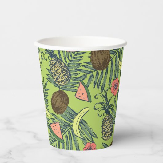 Gobelets En Papier Croquis de fruits tropicaux sur Motif vert (Recto)