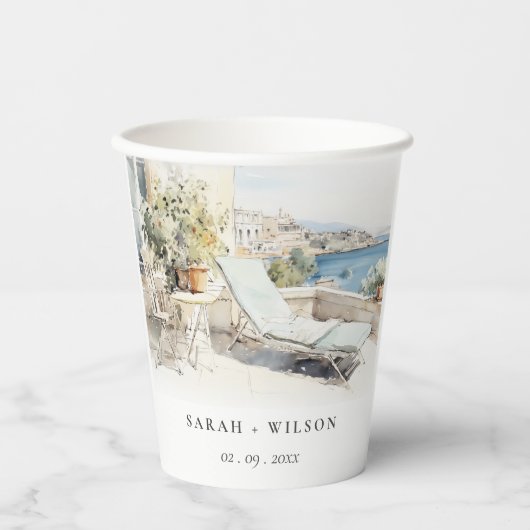 Gobelets En Papier Curfu Grèce Mariage de paysage aquarelle (Recto)