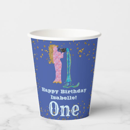 Gobelets En Papier Cute Aquarius Premier Anniversaire & Gold Confetti (Recto)