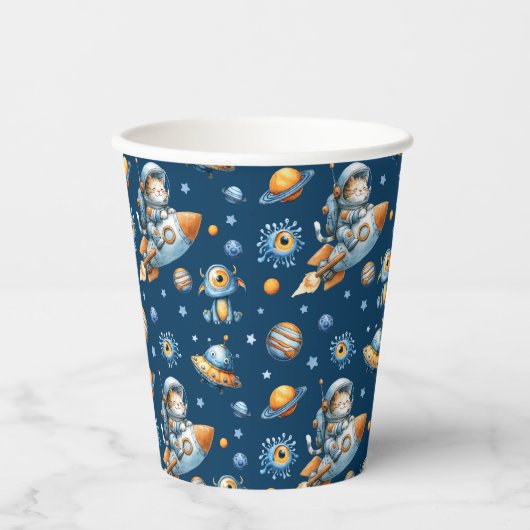 Gobelets En Papier Cute Astronaut Cat Galaxy Pattern Space Navy Blue (Recto)