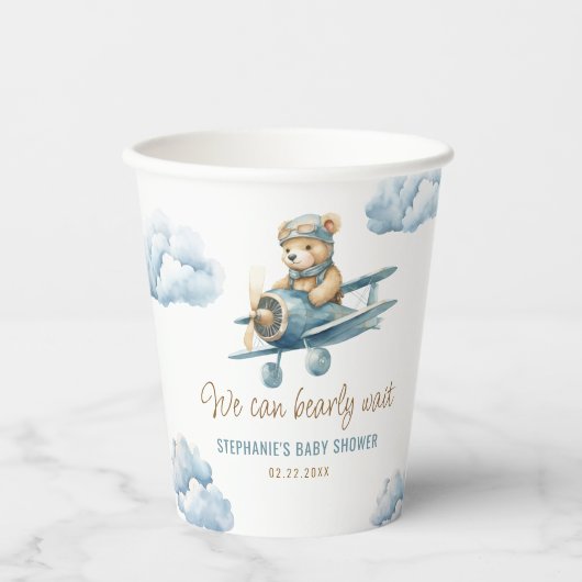Gobelets En Papier Cute Bear Avion Blue Boy Baby shower (Recto)