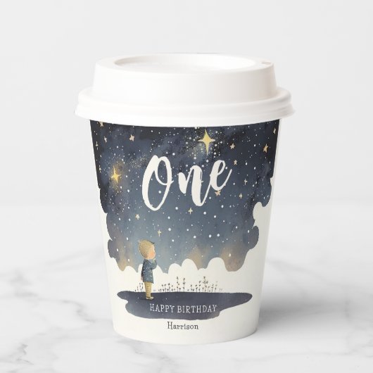 Gobelets En Papier Cute Celestial Anniversaire Étoiles Aquarelle Garç (Recto)