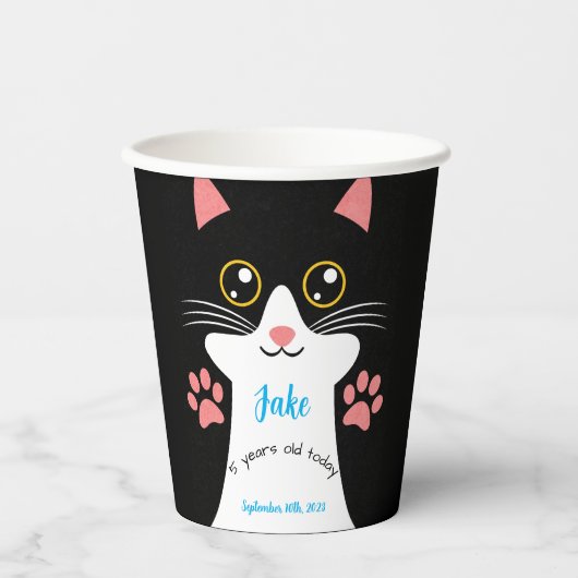 Gobelets En Papier Cute Chat Coupes d'Anniversaire. Texte modifiable. (Recto)