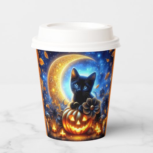 Gobelets En Papier Cute chaton noir, jack-o-lanterne et lune (Recto)
