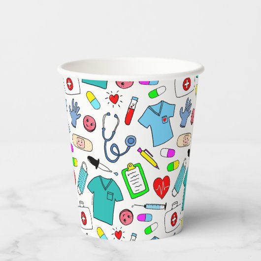 Gobelets En Papier Cute Doctor Nurse Médicale Fournitures Motif (Verso)