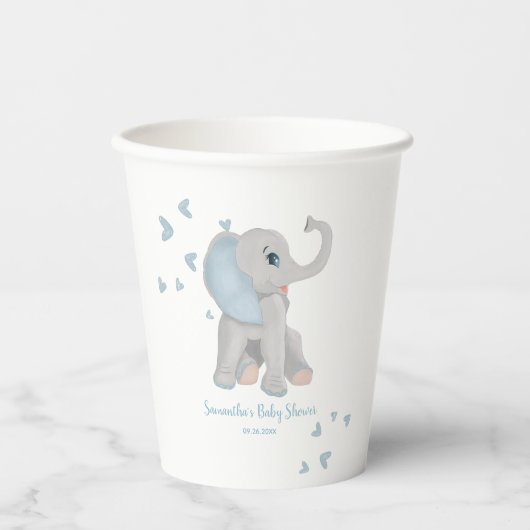 Gobelets En Papier Cute Elephant Aquarelle bleu Baby shower garçon (Recto)