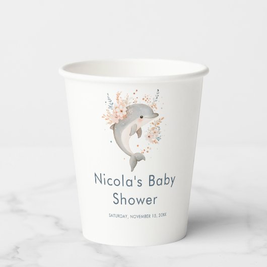Gobelets En Papier Cute Floral Dolphin Baby Shower (Verso)