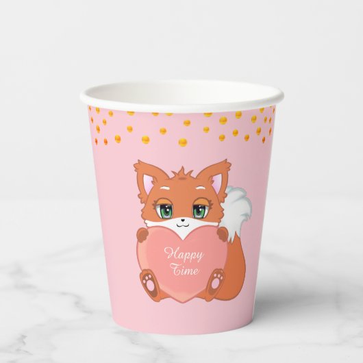 Gobelets En Papier Cute Fox & Golden Confetti en rose (Verso)