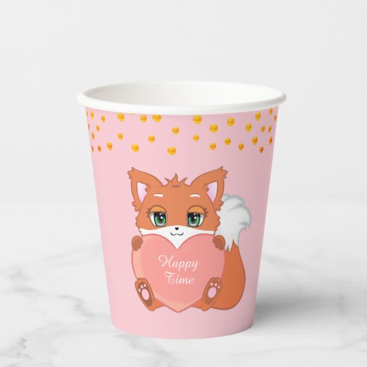 Gobelets En Papier Cute Fox & Golden Confetti en rose (Recto)