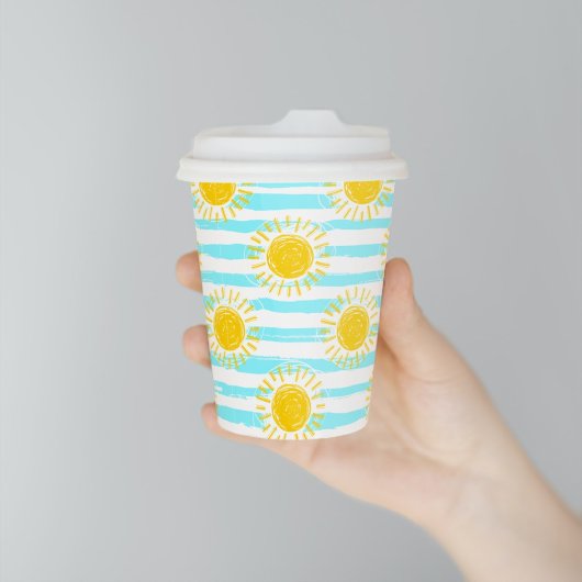 Gobelets En Papier Cute Jaune Soleil Rayures Été Bleu & Blanc