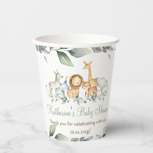 Gobelets En Papier Cute Jungle Animaux Verdure Baby shower neutre (Recto)
