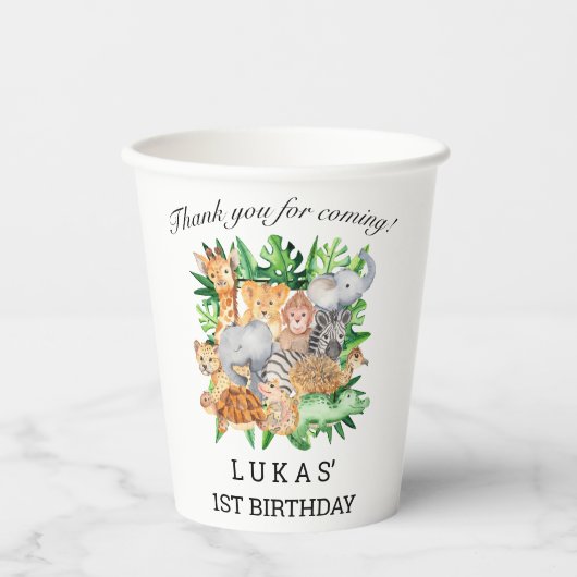 Gobelets En Papier Cute Jungle Safari Animaux 1er anniversaire (Recto)