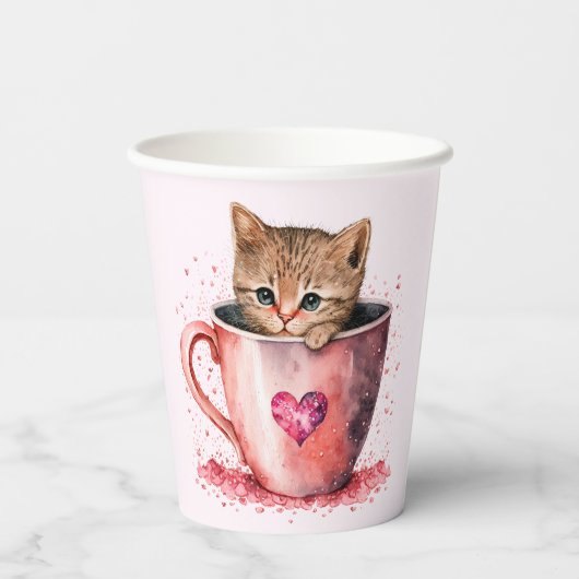 Gobelets En Papier Cute Kitten dans un Teacup avec les coeurs (Verso)