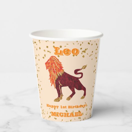 Gobelets En Papier Cute Leo Premier Anniversaire & Gold Confetti (Verso)