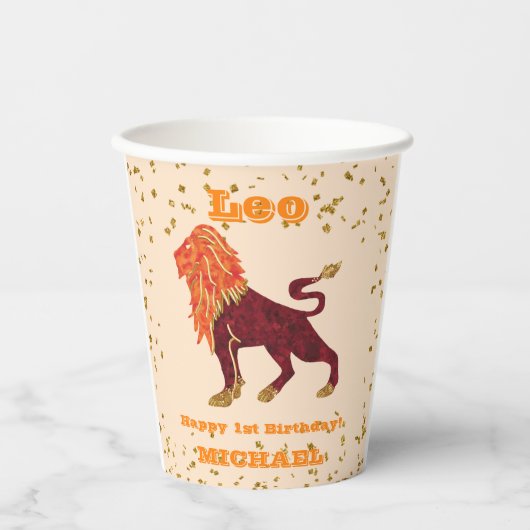 Gobelets En Papier Cute Leo Premier Anniversaire & Gold Confetti (Recto)