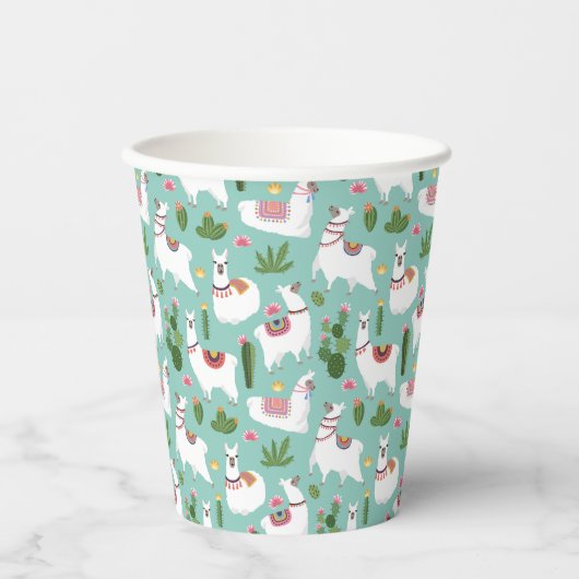 Gobelets En Papier Cute Llamas Sur Motif Turquoise (Recto)