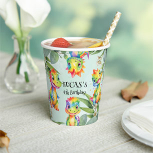 Gobelets En Papier Cute Magique Rainbow Dinosaur Bonne fête d'anniver