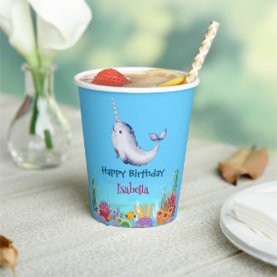 Gobelets En Papier Cute Narwhal Fish Unicorn Baleine mer Anniversaire