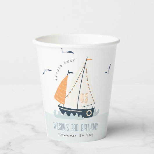 Gobelets En Papier Cute Nautical Blue Sailboat Pastel Anniversaire de (Recto)