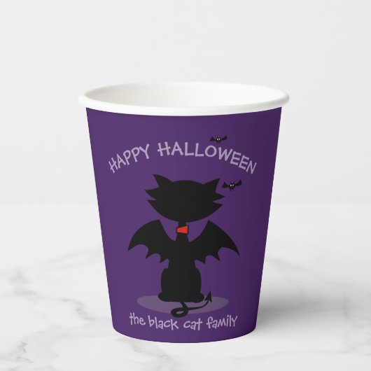 Gobelets En Papier Cute Noir Chat Bat Enfants Halloween Party Purple (Recto)