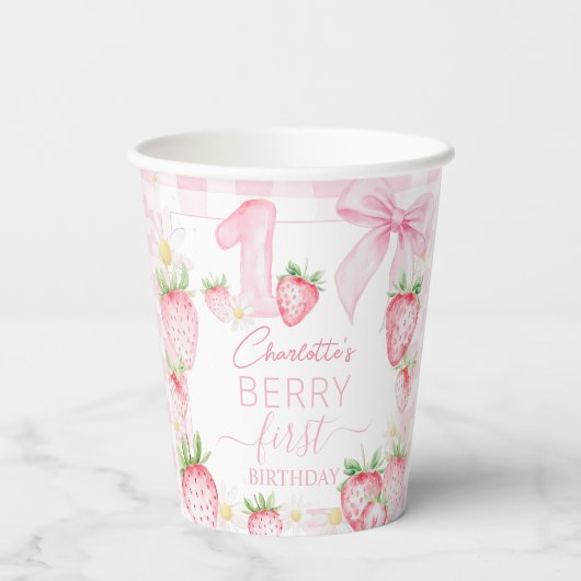 Gobelets En Papier Cute Pink Strawberries Berry First 1st Birthday (Verso)