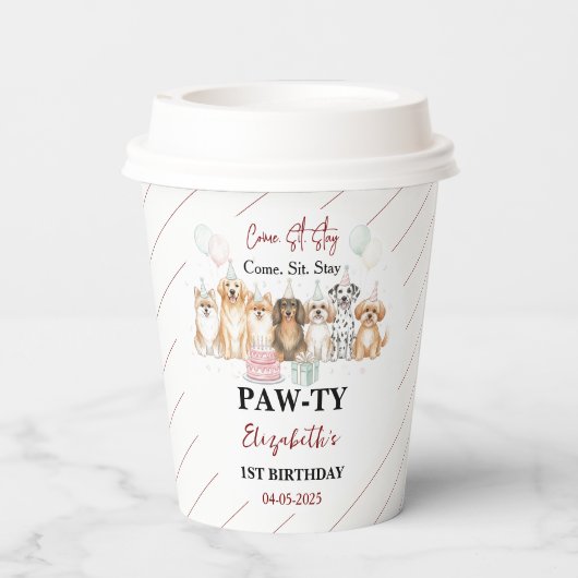 Gobelets En Papier Cute Puppy Dog Boy 1st Birthday | Pawty Time First (Verso)