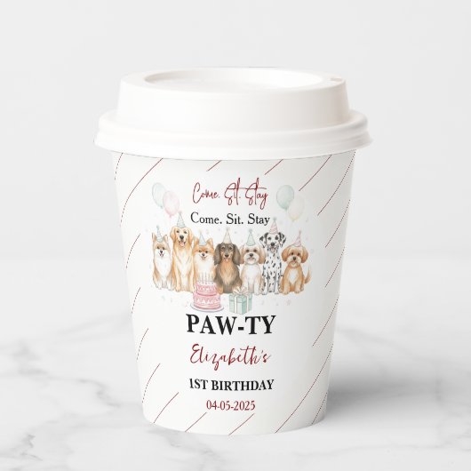 Gobelets En Papier Cute Puppy Dog Boy 1st Birthday | Pawty Time First (Recto)