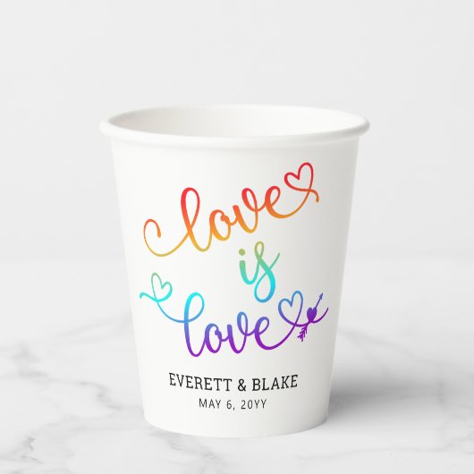 Gobelets En Papier Cute Rainbow Heart Script L'amour est Mariage d'am (Recto)