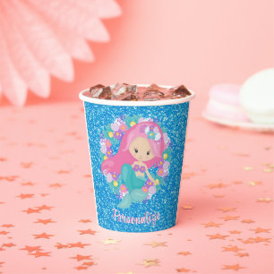 Gobelets En Papier Cute sirène rose Parties scintillant bleue personn