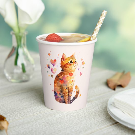 Gobelets En Papier Cute Tabby Chat avec Coeurs (Insitu)