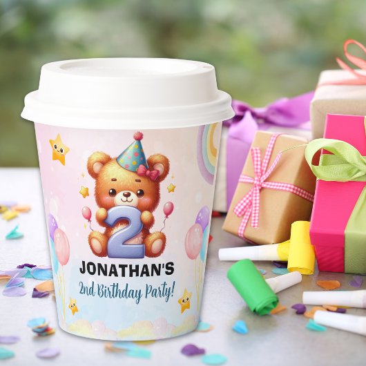 Gobelets En Papier Cute Teddy Bear 2nd Birthday | Rainbow & Balloons