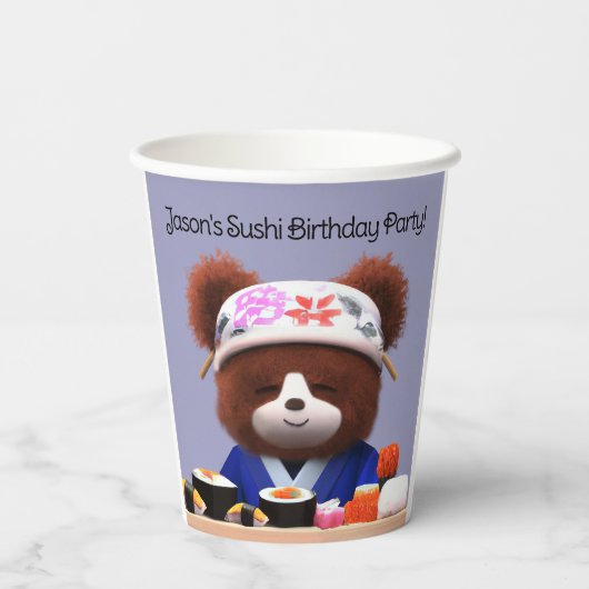 Gobelets En Papier Cute Teddy Bear Sushi Chef Fête d'anniversaire (Verso)