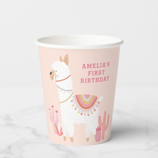 Gobelets En Papier Cute Tout Llama Fun Rose 1er Anniversaire (Verso)