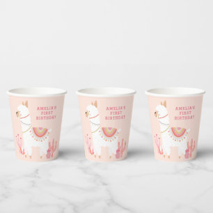 Gobelets En Papier Cute Tout Llama Fun Rose 1er Anniversaire