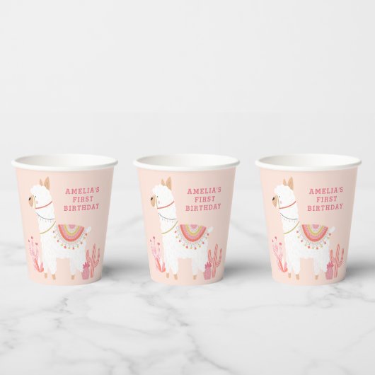 Gobelets En Papier Cute Tout Llama Fun Rose 1er Anniversaire (Multi)
