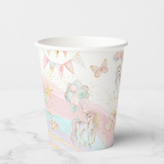 Gobelets En Papier Cute Unicorn Pastel Rainbow Anniversaire (Recto)