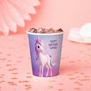 Gobelets En Papier Cute Unicorne Blanche Avec Rose & Bleu Mane
