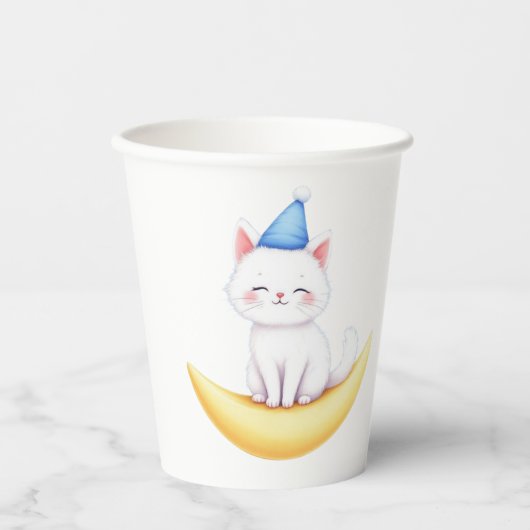 Gobelets En Papier Cute White Kitten on Moon Paper cup (Recto)