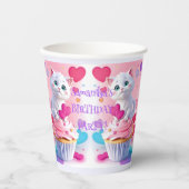 Gobelets En Papier Cute White Kitty & Cupcake Fille Anniversaire (Recto)