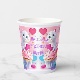 Gobelets En Papier Cute White Kitty & Cupcake Fille Anniversaire