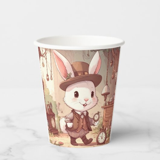 Gobelets En Papier Cute White Rabbit Wonderland Whimsical Timekeeper (Recto)