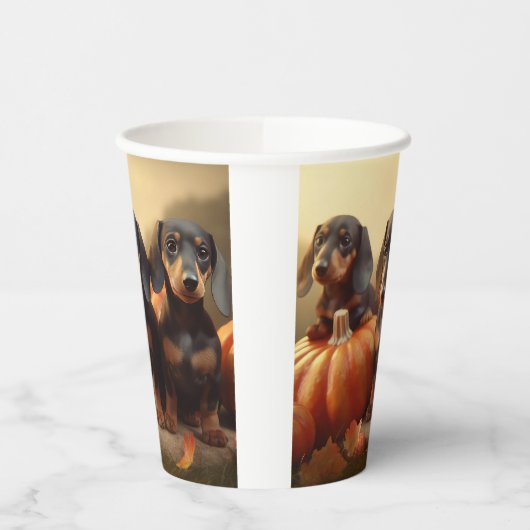 Gobelets En Papier Dachshund Chiot Automne Citrouille de plaisir (Gauche)