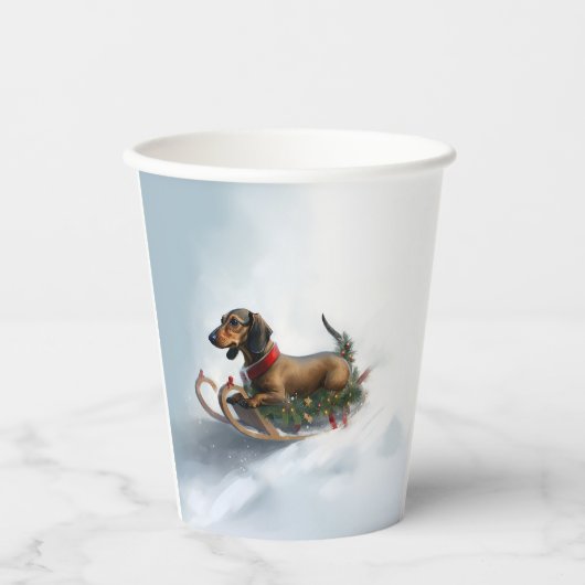 Gobelets En Papier Dachshund hiver neige de Noël (Recto)