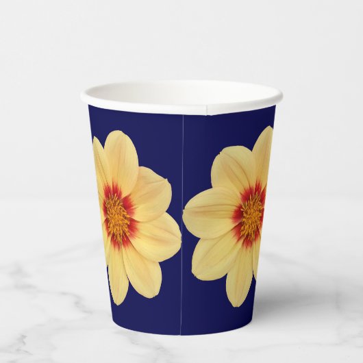 Gobelets En Papier Dahlia jaune motif floral sur bleu (Droite)